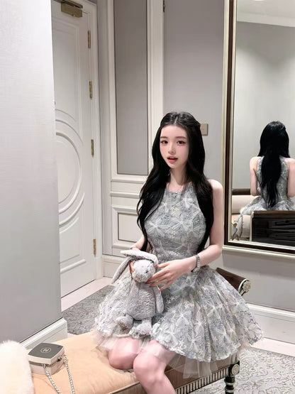Qiauuu Misty Gray and Elegant Style Dress with Dyed Misty Orchid and Embroidered Ribbon - Sweet Floral Puffy Princess Style Dress for Women
