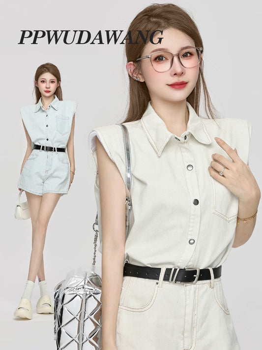 Korean hot girl workwear style denim suit female summer sleeveless vest high waist A-line shorts high-end two-piece suit
