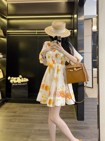 Leathercat super beautiful dress women summer 2025 new French style age-reducing waist slimming floral short skirt