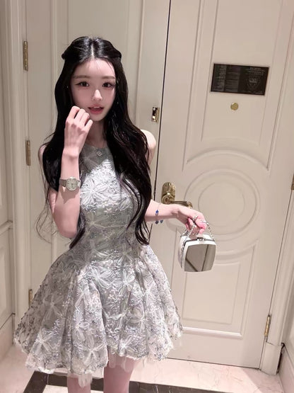Qiauuu Misty Gray and Elegant Style Dress with Dyed Misty Orchid and Embroidered Ribbon - Sweet Floral Puffy Princess Style Dress for Women