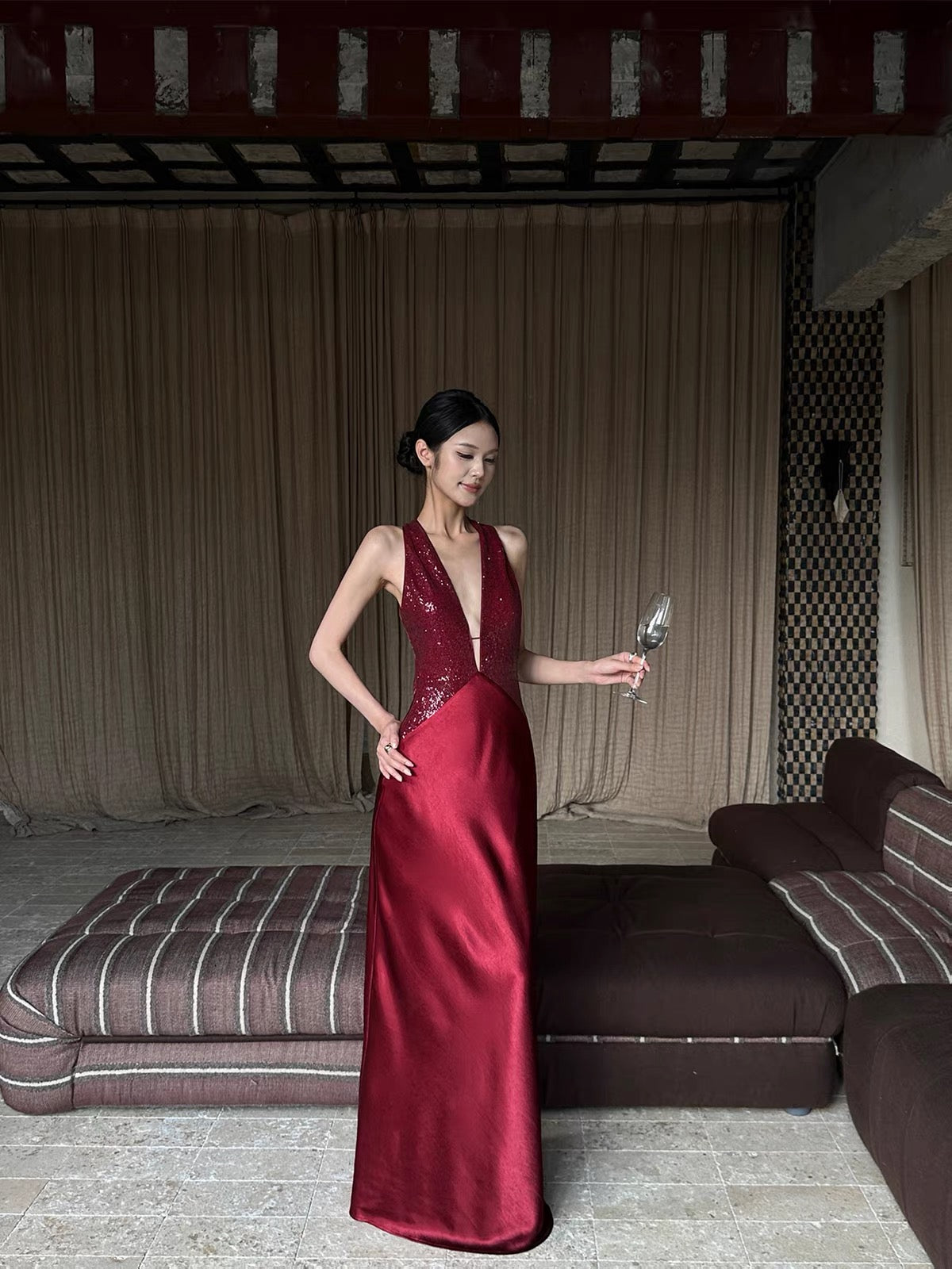 VENUIE Burgundy Satin Evening Gown – Sequin-Paneled, Slim-Fit, Halter-Neck, Sexy Open-Back Maxi Dress