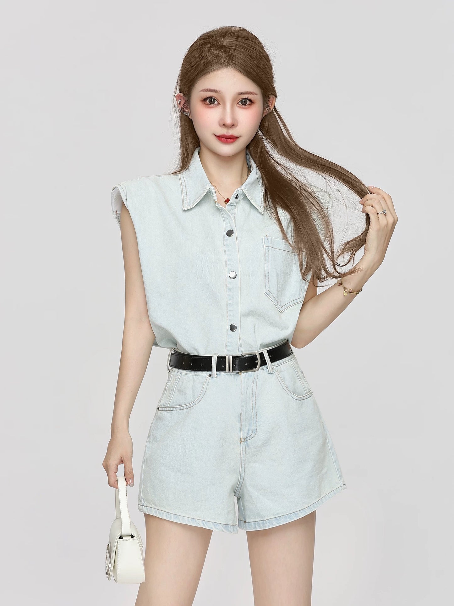 Korean hot girl workwear style denim suit female summer sleeveless vest high waist A-line shorts high-end two-piece suit