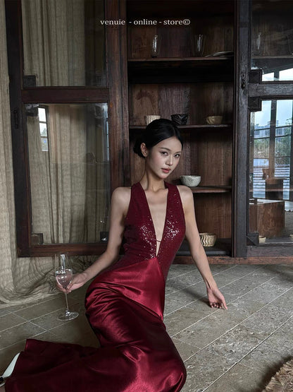 VENUIE Burgundy Satin Evening Gown – Sequin-Paneled, Slim-Fit, Halter-Neck, Sexy Open-Back Maxi Dress