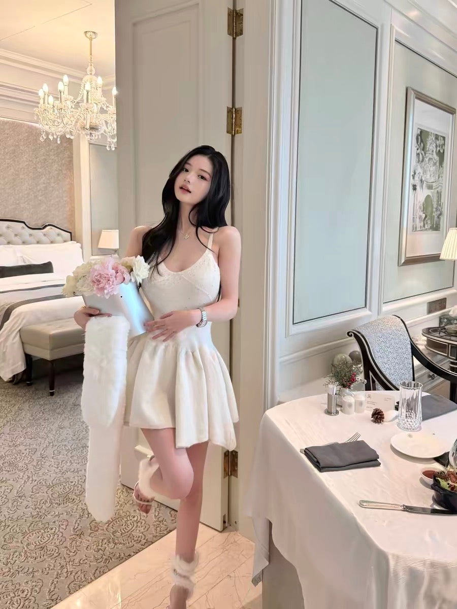 Qiauuu Snow Princess Butterfly Wing Imported Rhinestone Slim Fit Woolen Knit Pleated Full Skirt Spaghetti Strap Dress for Women