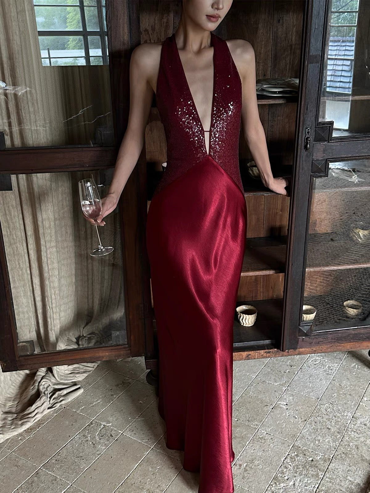 VENUIE Burgundy Satin Evening Gown – Sequin-Paneled, Slim-Fit, Halter-Neck, Sexy Open-Back Maxi Dress