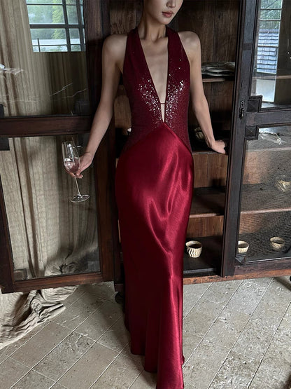 VENUIE Burgundy Satin Evening Gown – Sequin-Paneled, Slim-Fit, Halter-Neck, Sexy Open-Back Maxi Dress