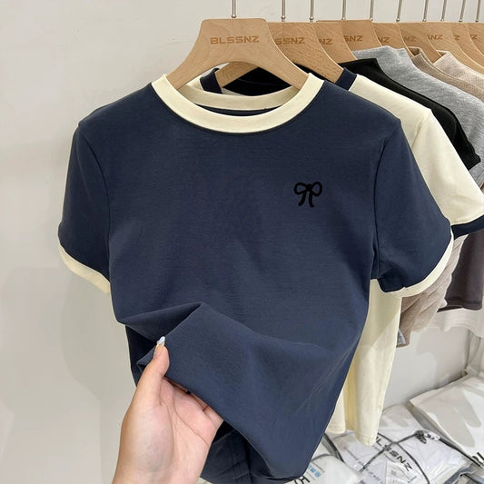 Design contrasting blue right shoulder short-sleeved T-shirt for women 2024 new summer pure cotton round neck loose top half sleeve