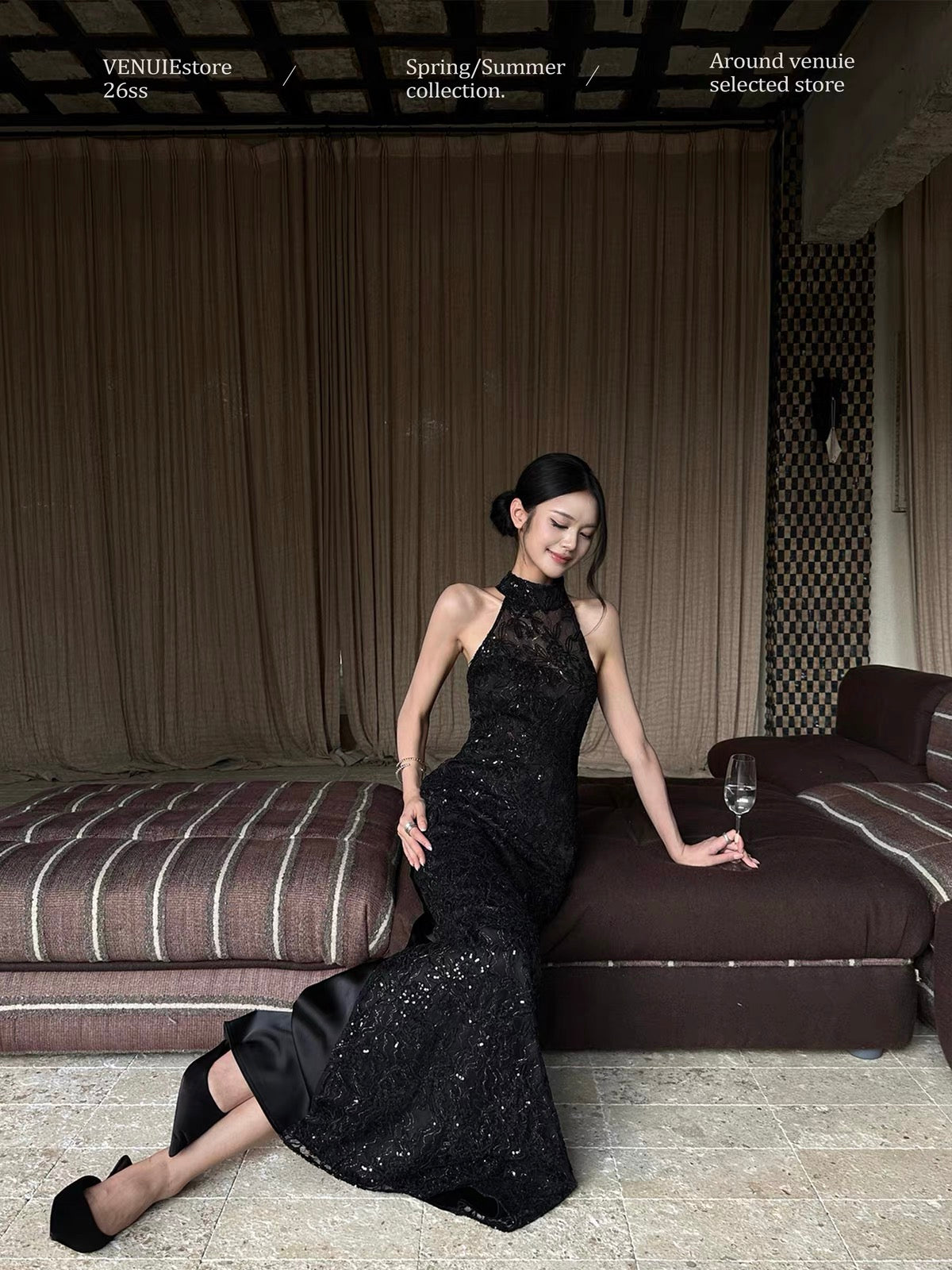 VENUIE Vintage-Style Embroidered Sleeveless Halter-Neck Dress – Black "New Chinese-Style" Qipao Gown for Evening Parties and Birthdays