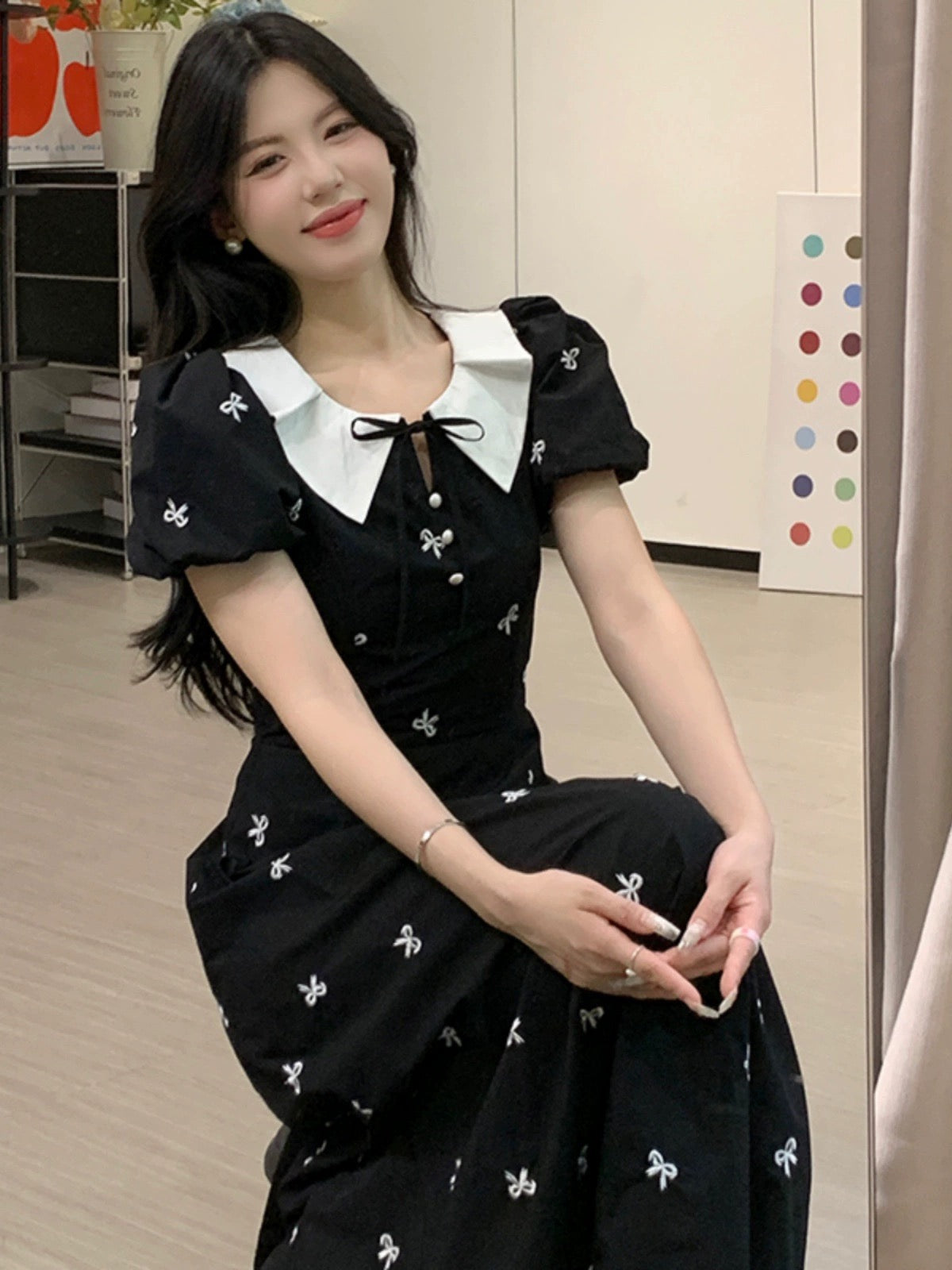 Sweet and Spicy Duoduo [Black Tea Glaze] Black Short Sleeve Dress Women's Summer Waist Pear Shape Figure Floral Skirt