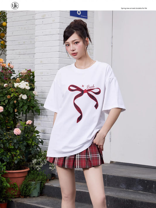Beikastudios white T-shirt women's short-sleeved summer loose retro bow patch embroidered cotton round neck casual t