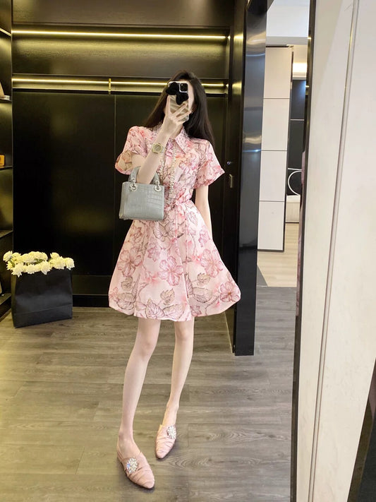Leathercat floral dress female summer 2024 new French temperament small slim waist short skirt