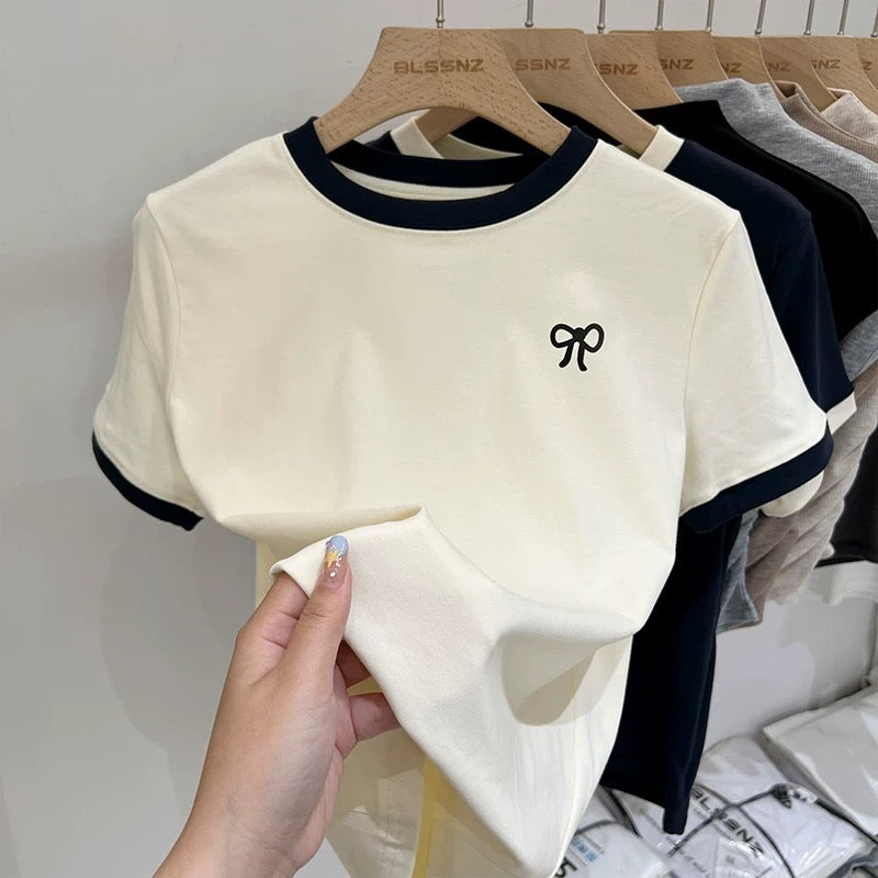 Design contrasting blue right shoulder short-sleeved T-shirt for women 2024 new summer pure cotton round neck loose top half sleeve