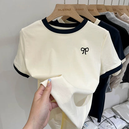 Design contrasting blue right shoulder short-sleeved T-shirt for women 2024 new summer pure cotton round neck loose top half sleeve