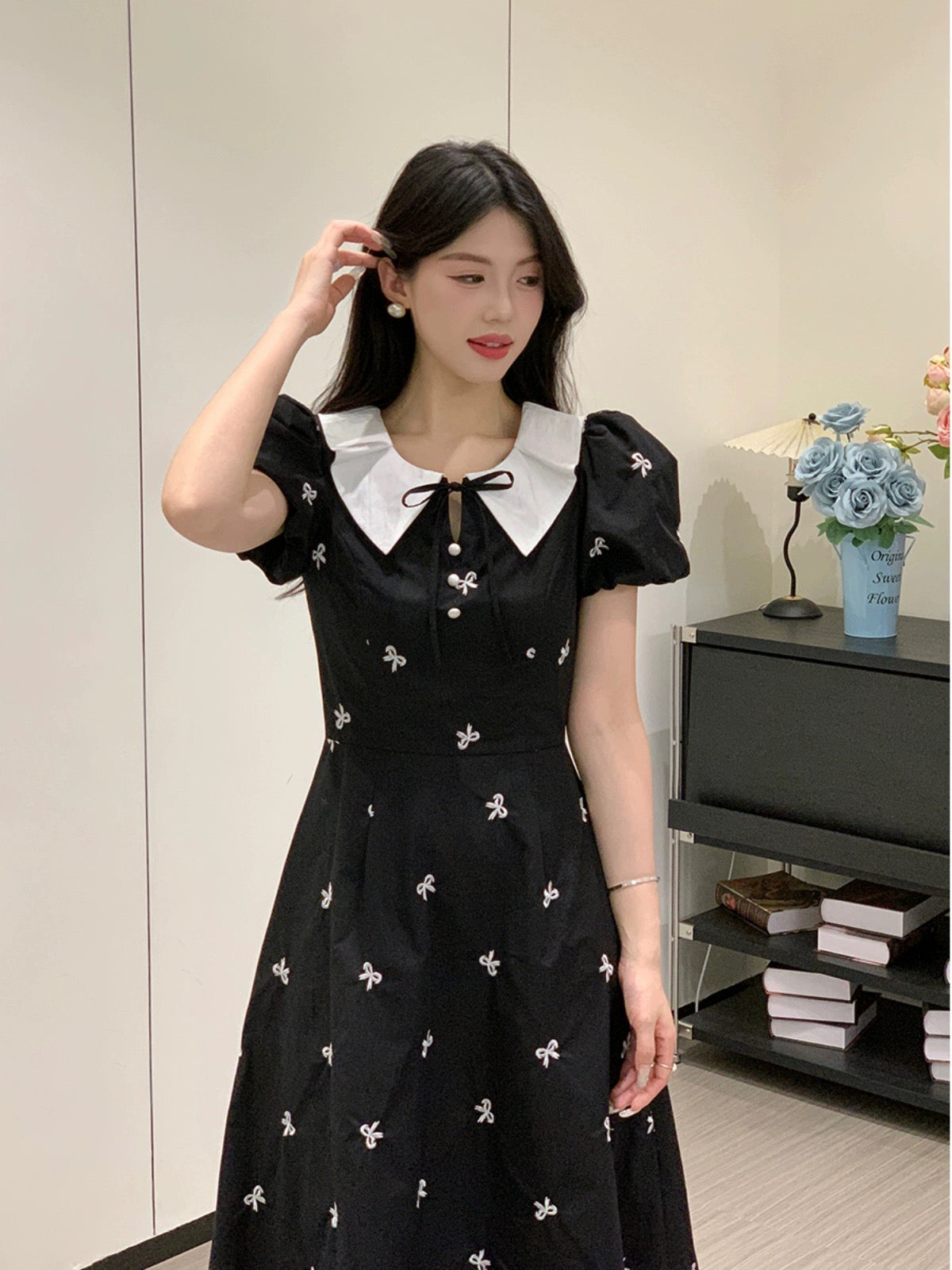Sweet and Spicy Duoduo [Black Tea Glaze] Black Short Sleeve Dress Women's Summer Waist Pear Shape Figure Floral Skirt