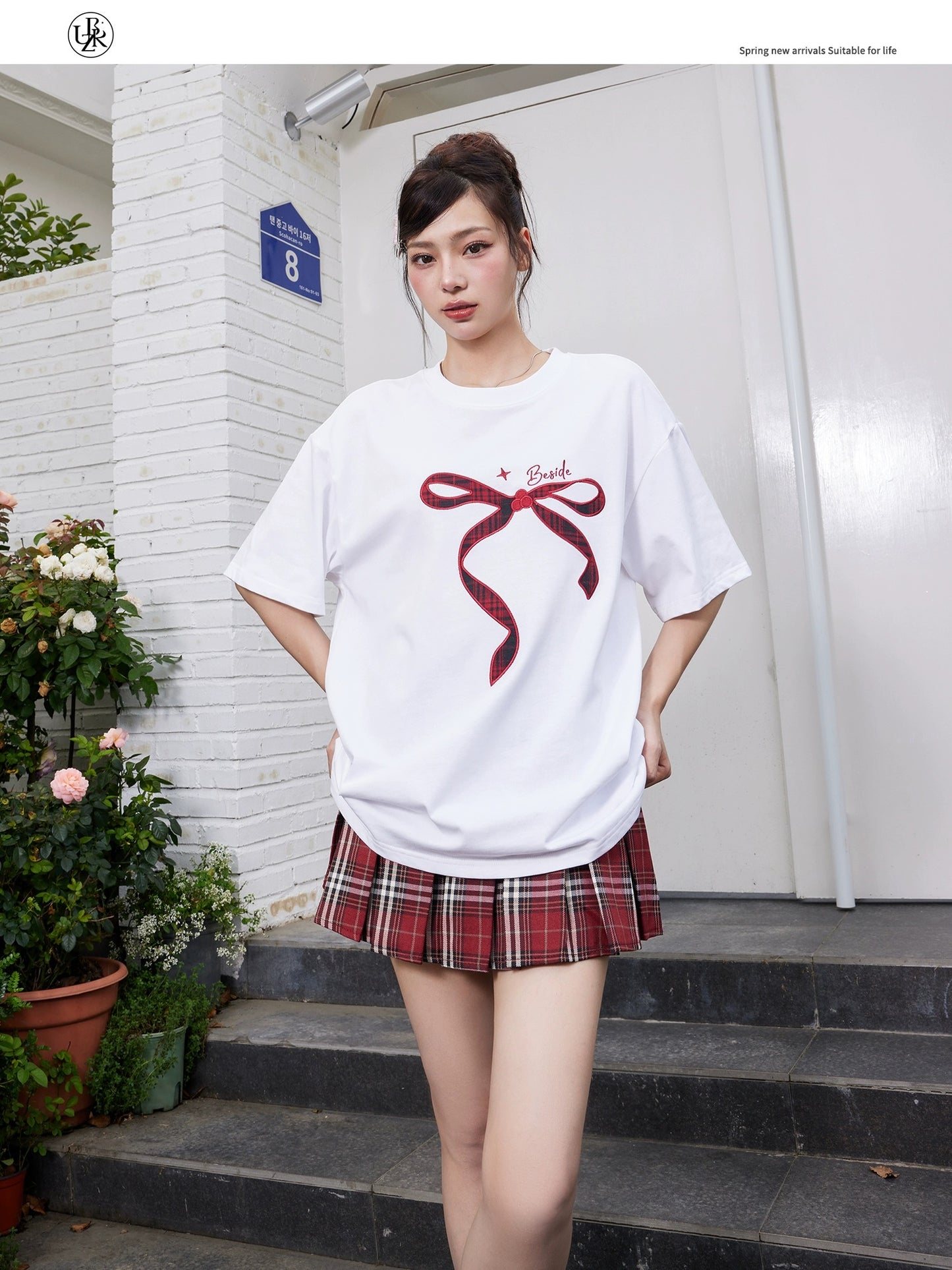 Beikastudios white T-shirt women's short-sleeved summer loose retro bow patch embroidered cotton round neck casual t