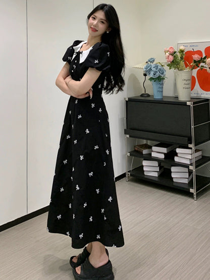 Sweet and Spicy Duoduo [Black Tea Glaze] Black Short Sleeve Dress Women's Summer Waist Pear Shape Figure Floral Skirt