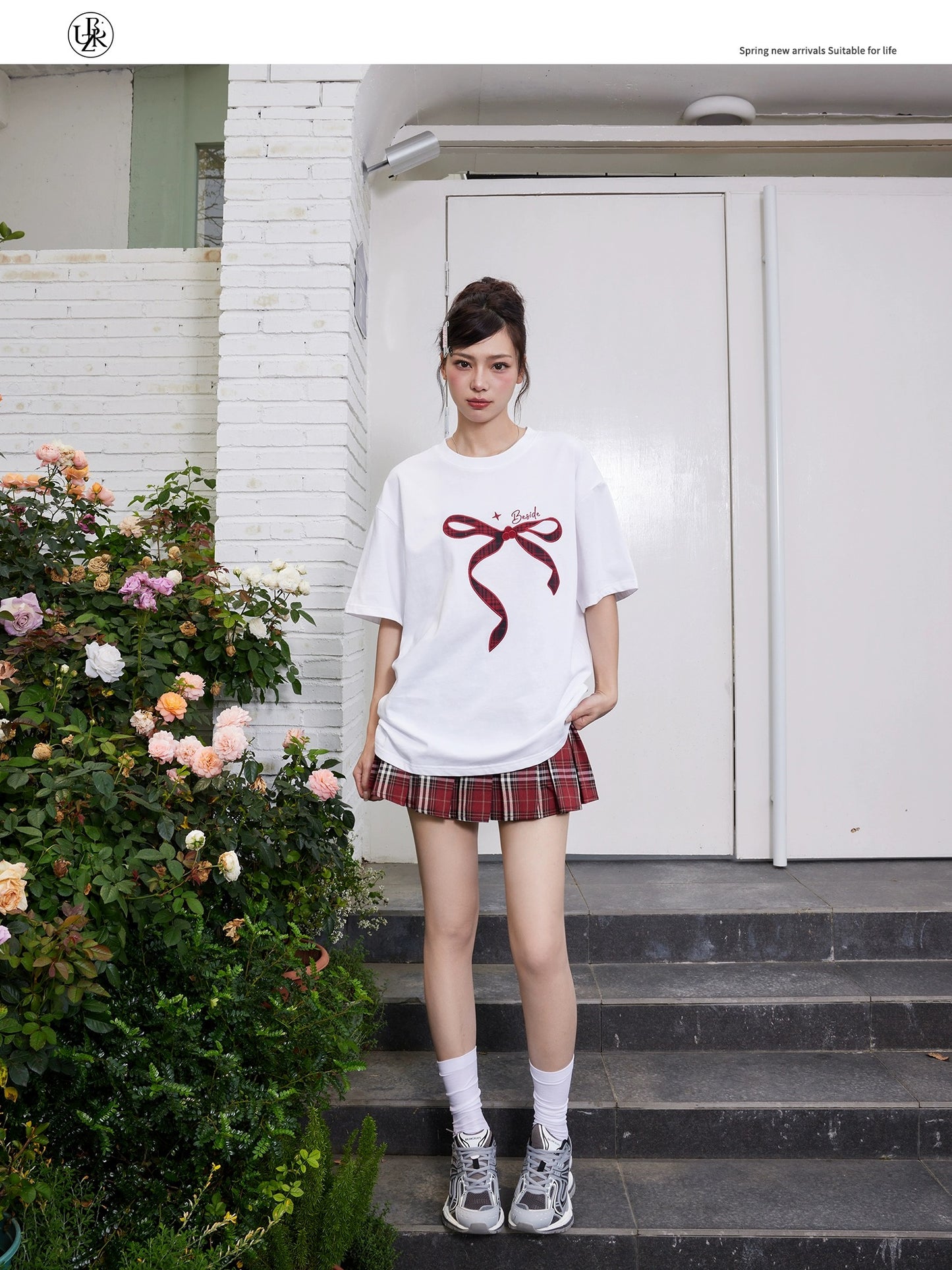 Beikastudios white T-shirt women's short-sleeved summer loose retro bow patch embroidered cotton round neck casual t
