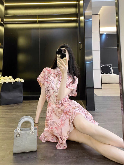 Leathercat floral dress female summer 2024 new French temperament small slim waist short skirt