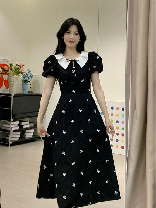 Sweet and Spicy Duoduo [Black Tea Glaze] Black Short Sleeve Dress Women's Summer Waist Pear Shape Figure Floral Skirt
