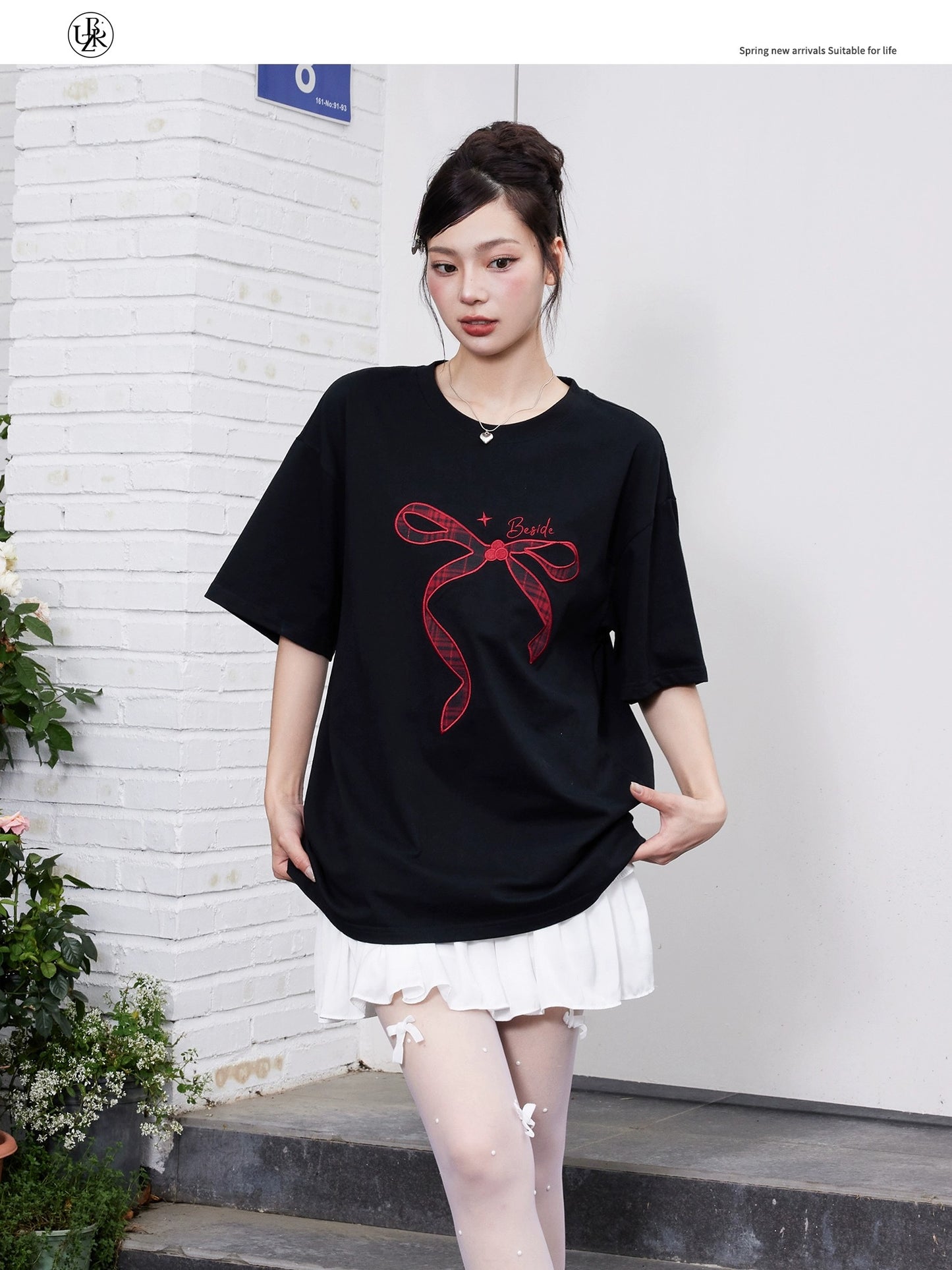 Beikastudios white T-shirt women's short-sleeved summer loose retro bow patch embroidered cotton round neck casual t