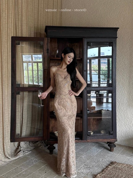 VENUIE Soft Milk-Tea Colored Lace Camisole Dress – A Form-Fitting, Mermaid-Style Cocktail Dress Perfect for Birthday Parties