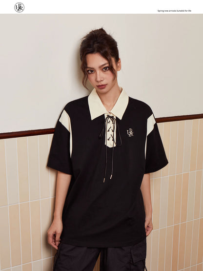 Beikastudios black short-sleeved T-shirt women's American retro heavyweight 260G pure cotton embroidered POLO shirt half sleeve