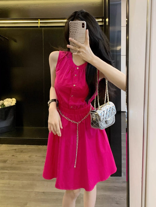 Leathercat French dress 2024 new style temperament high-end small waist slim sleeveless short skirt