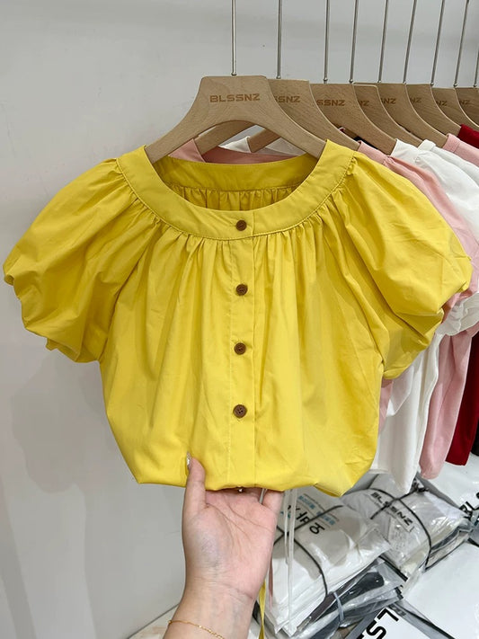 Pink drawstring waist short-sleeved shirt for women summer 2024 new style French style beautiful top loose short shirt for women