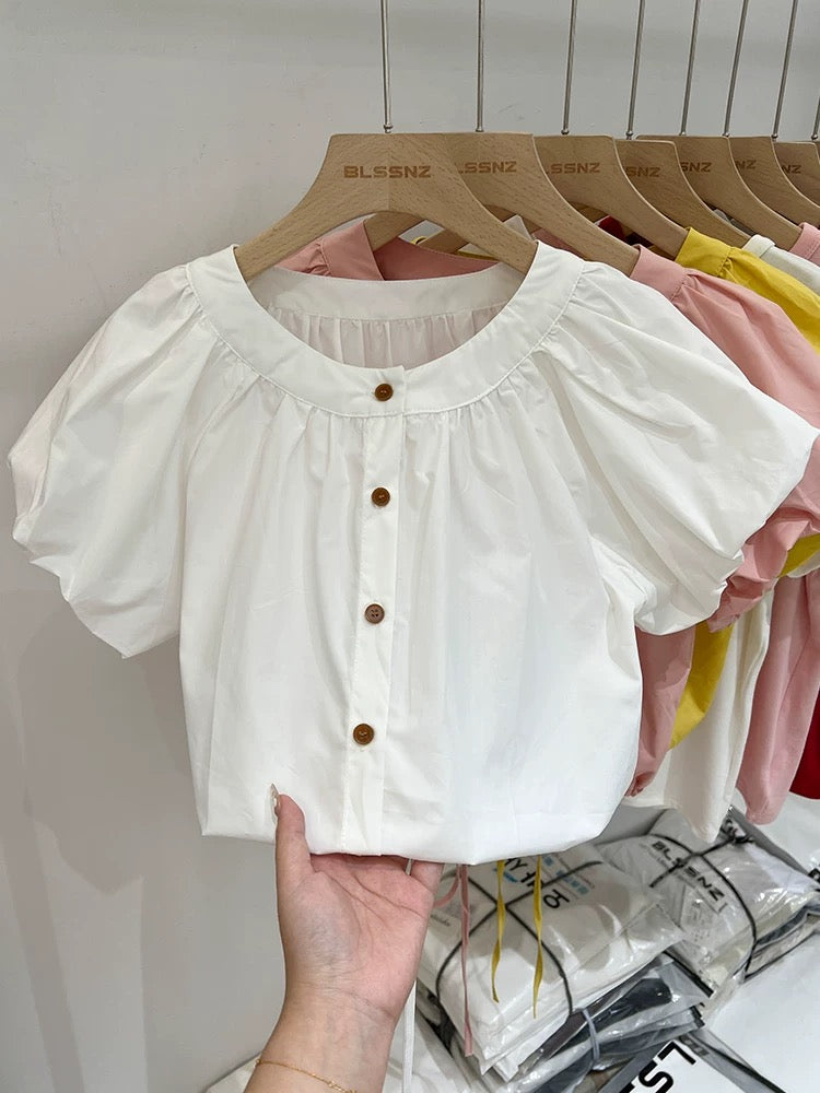 Pink drawstring waist short-sleeved shirt for women summer 2024 new style French style beautiful top loose short shirt for women