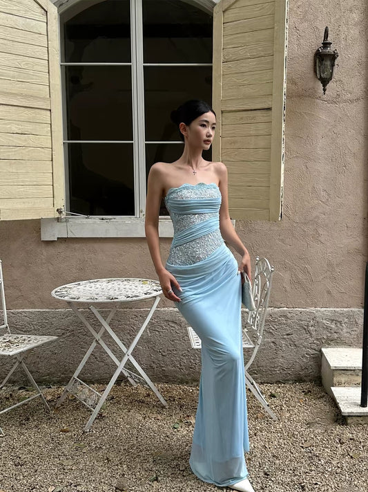VENUIE Sequin and Mesh-Paneled Strapless Bodycon Dress – A Perfect Birthday Party or Semi-Formal Occasion Gown; Blue Vacation Maxi Dress