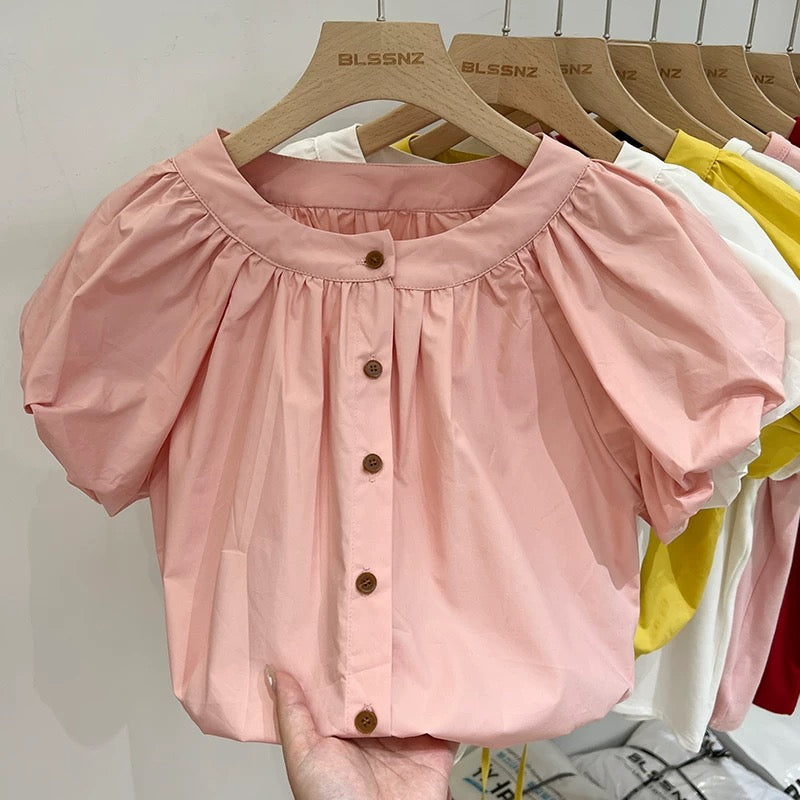 Pink drawstring waist short-sleeved shirt for women summer 2024 new style French style beautiful top loose short shirt for women