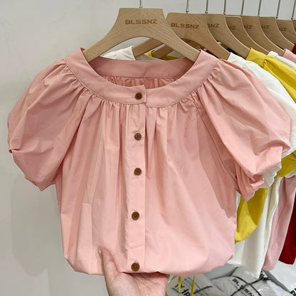 Pink drawstring waist short-sleeved shirt for women summer 2024 new style French style beautiful top loose short shirt for women
