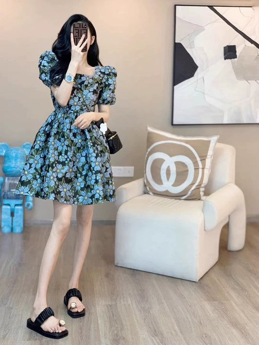 Leathercat summer new high-end French retro design temperament waist slim floral dress female