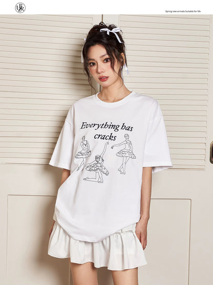 Beikastudios white short-sleeved T-shirt women's ballet style print retro girly loose casual pure cotton half-sleeved T-shirt