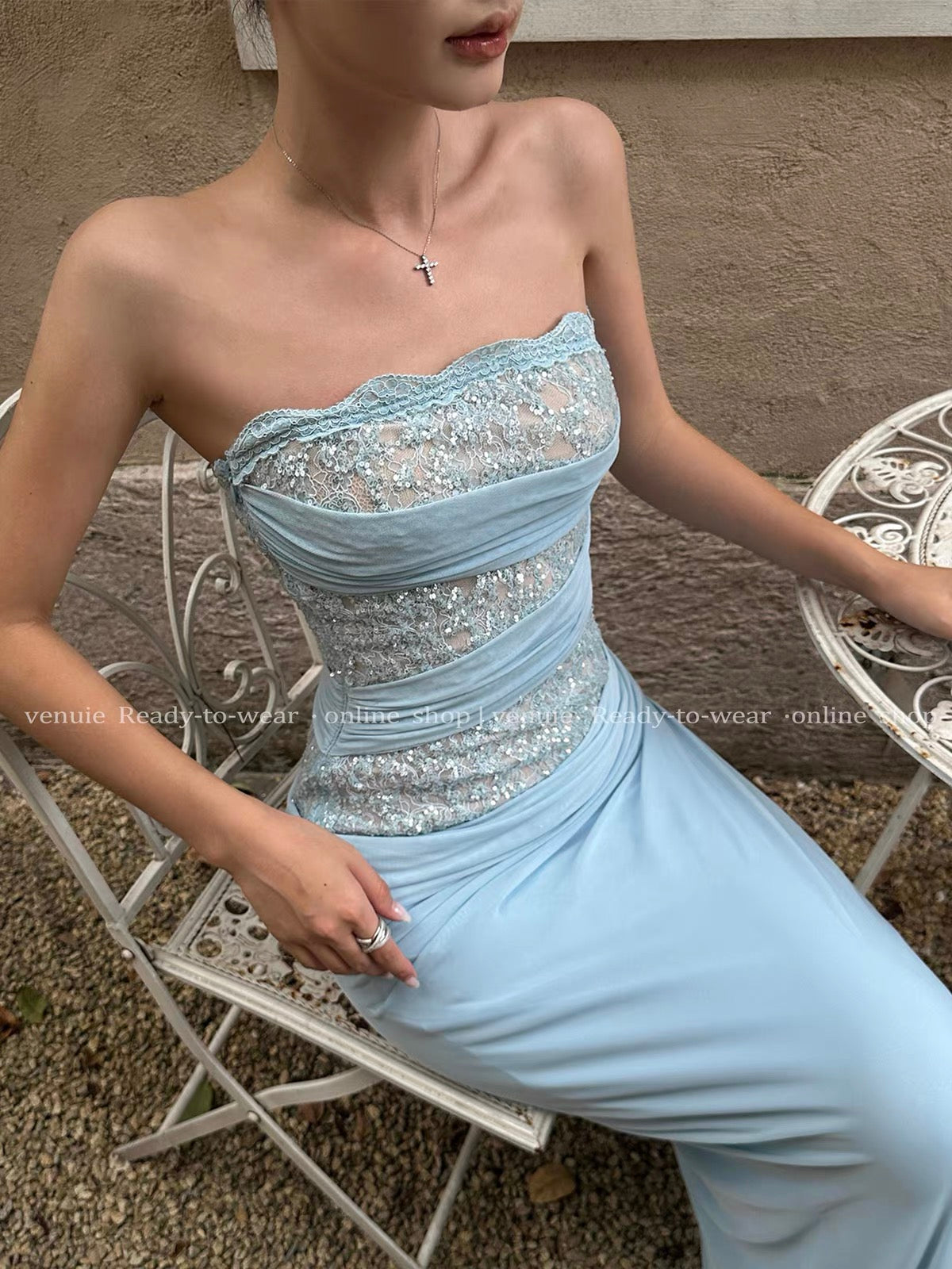 VENUIE Sequin and Mesh-Paneled Strapless Bodycon Dress – A Perfect Birthday Party or Semi-Formal Occasion Gown; Blue Vacation Maxi Dress
