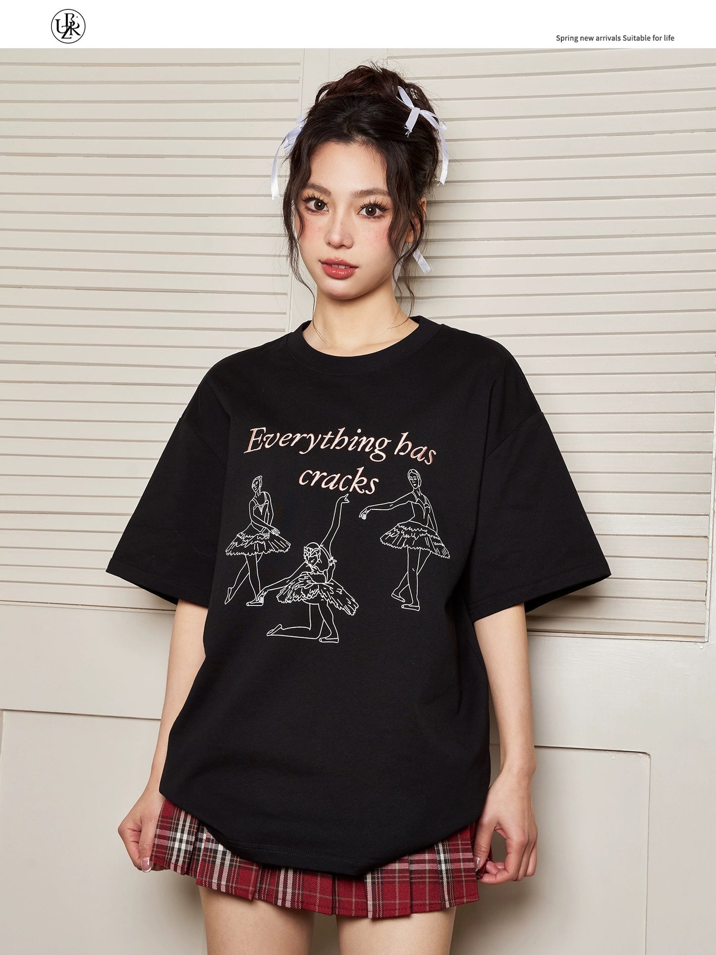 Beikastudios white short-sleeved T-shirt women's ballet style print retro girly loose casual pure cotton half-sleeved T-shirt