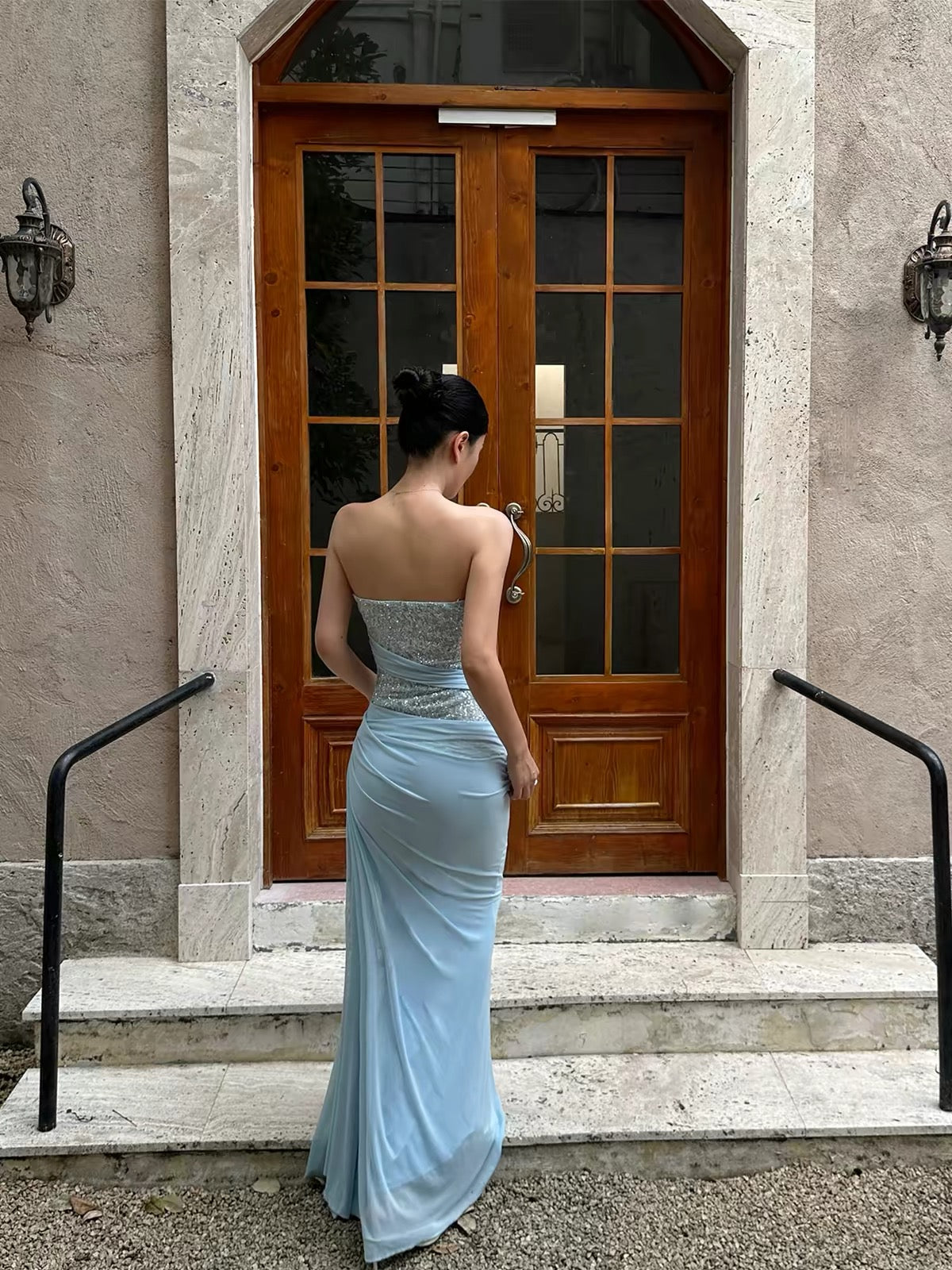 VENUIE Sequin and Mesh-Paneled Strapless Bodycon Dress – A Perfect Birthday Party or Semi-Formal Occasion Gown; Blue Vacation Maxi Dress