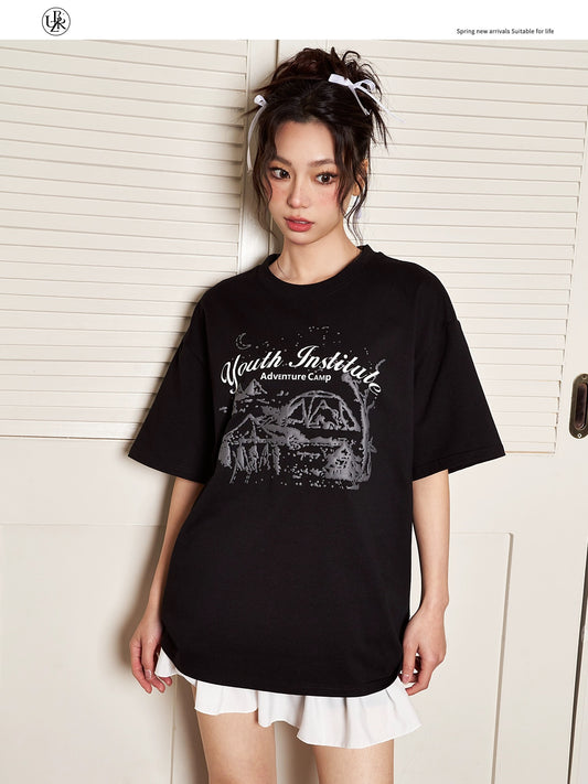 Beikastudios black T-shirt women's short-sleeved summer American retro snow mountain print loose casual cotton round neck t