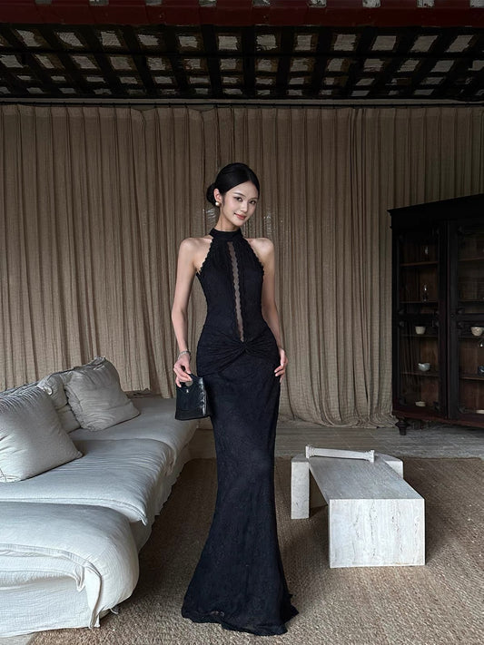 VENUIE Sexy Sheer Cut-Out Halter-Neck Evening/Birthday Gown – Sleeveless, Form-Fitting, Bodycon Maxi Dress