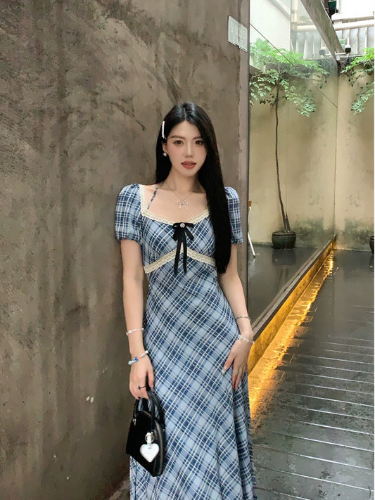 Sweet and Spicy Duoduo [Japanese Style Letter] Blue Short Sleeve Dress Women's Summer Puff Sleeve College Style Subskirt
