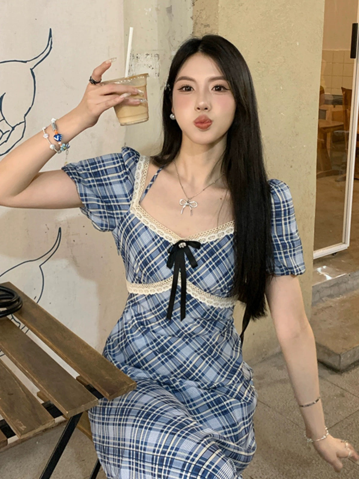 Sweet and Spicy Duoduo [Japanese Style Letter] Blue Short Sleeve Dress Women's Summer Puff Sleeve College Style Subskirt