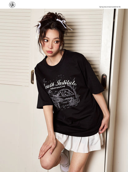 Beikastudios black T-shirt women's short-sleeved summer American retro snow mountain print loose casual cotton round neck t