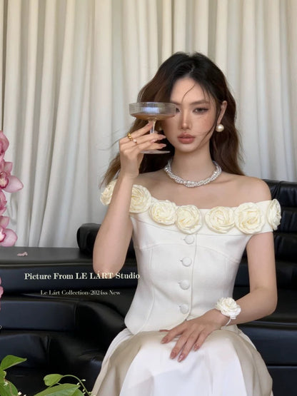 LELART new summer French temperament pure desire one shoulder flower blouse Korean sweet style slim short top