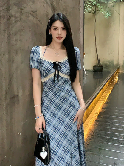 Sweet and Spicy Duoduo [Japanese Style Letter] Blue Short Sleeve Dress Women's Summer Puff Sleeve College Style Subskirt