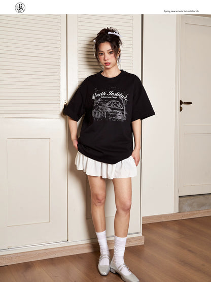 Beikastudios black T-shirt women's short-sleeved summer American retro snow mountain print loose casual cotton round neck t