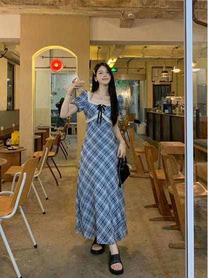 Sweet and Spicy Duoduo [Japanese Style Letter] Blue Short Sleeve Dress Women's Summer Puff Sleeve College Style Subskirt