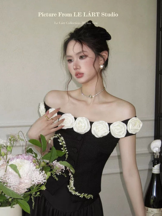 LELART new summer French temperament pure desire one shoulder flower blouse Korean sweet style slim short top