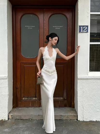 VENUIE French Lace and Satin Halter-Neck Mermaid Gown – Champagne-Colored Slim-Fit Bodycon Maxi Dress