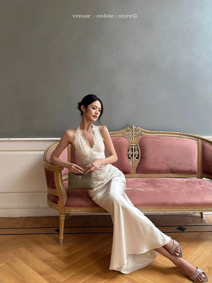 VENUIE French Lace and Satin Halter-Neck Mermaid Gown – Champagne-Colored Slim-Fit Bodycon Maxi Dress