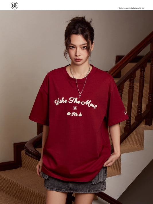 Beikastudios burgundy short-sleeved T-shirt women's summer American retro heavyweight 280G pure cotton loose half-sleeved tee